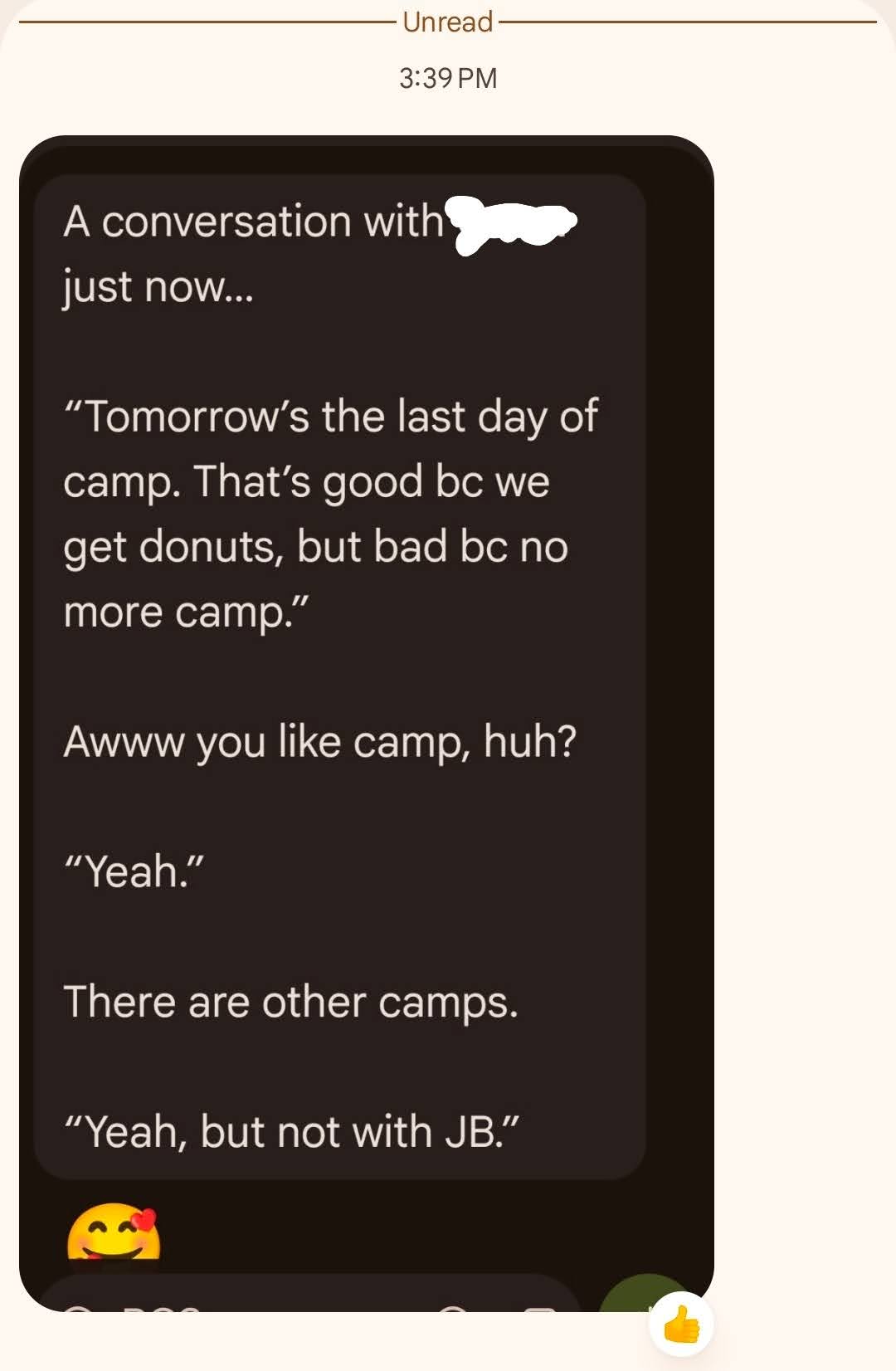 Text from a camp parent sharing their child's reaction to the last day of Carmel Valley Chess Club summer camp — 'good bc we get donuts, but bad bc no more camp... yeah, but not with JB.'