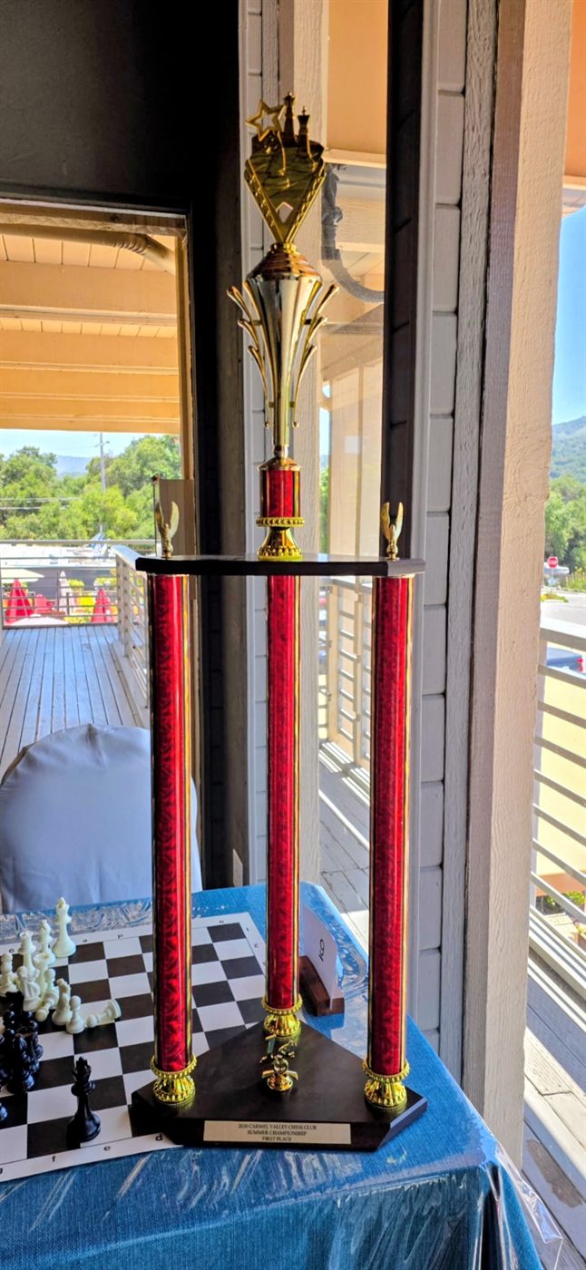 2026 Carmel Valley Chess Club Summer Championship First Place trophy displayed at the club
